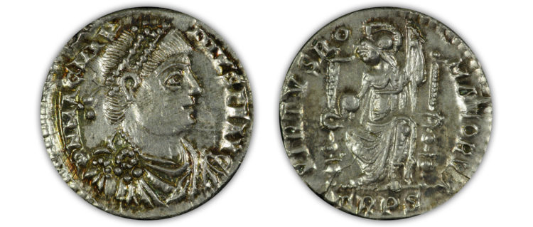 Magnus Maximus (AD 383-388) AR Siliqua. Gem Mint State